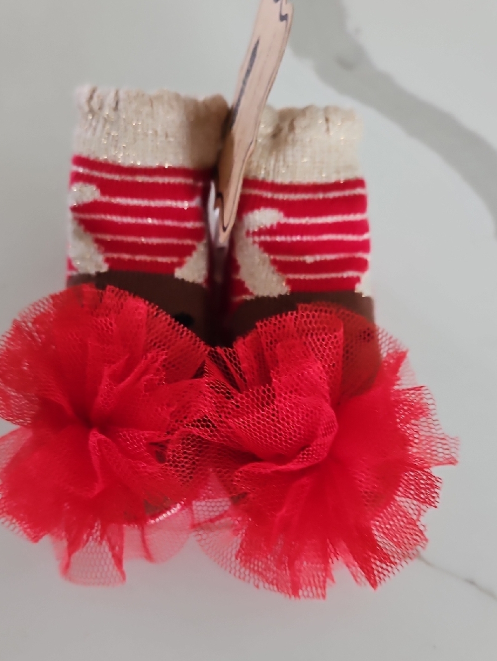 Mud Pie Cream & Red Striped Socks with Red Tulle Poms